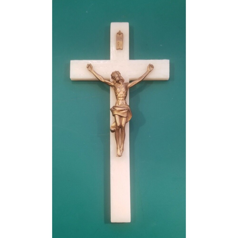 Vintage Resin Crucifix8.25"x4.25" White & Bronze